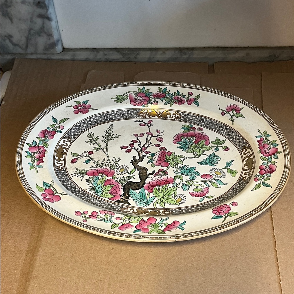 Floral  Minton Oval Platter with Pink and Green Design 13 inch 10 1/4 wide